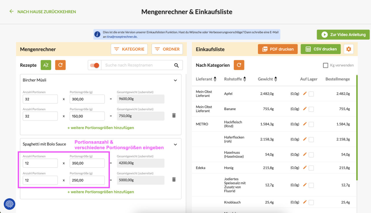 Gericht auswählen in der Einkaufslisten-Funktion