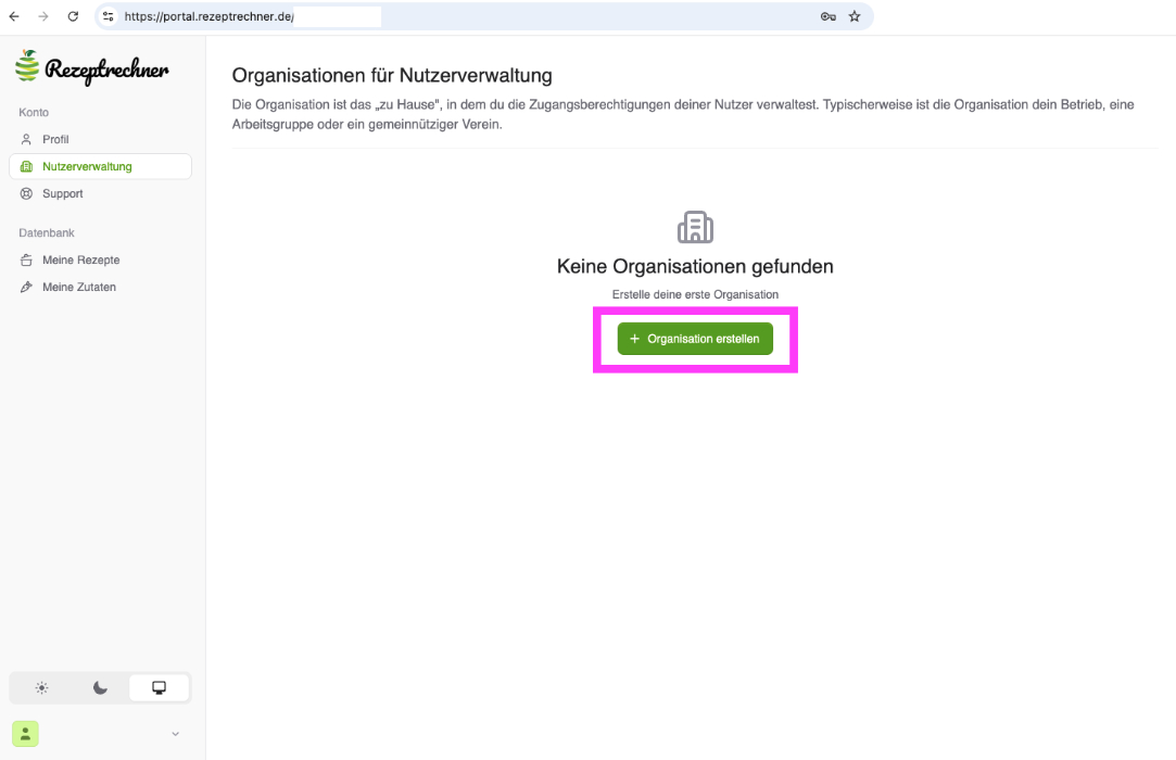 Organisation erstellen im Rezeptrechner Portal