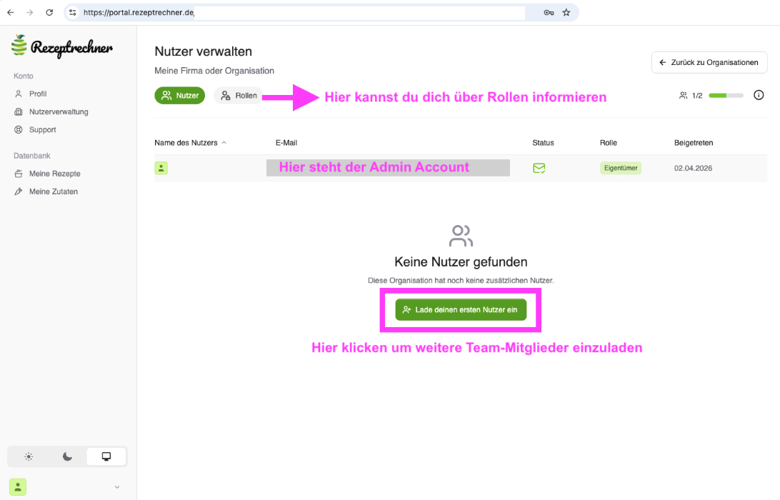 Mitarbeitende einladen im Rezeptrechner Portal