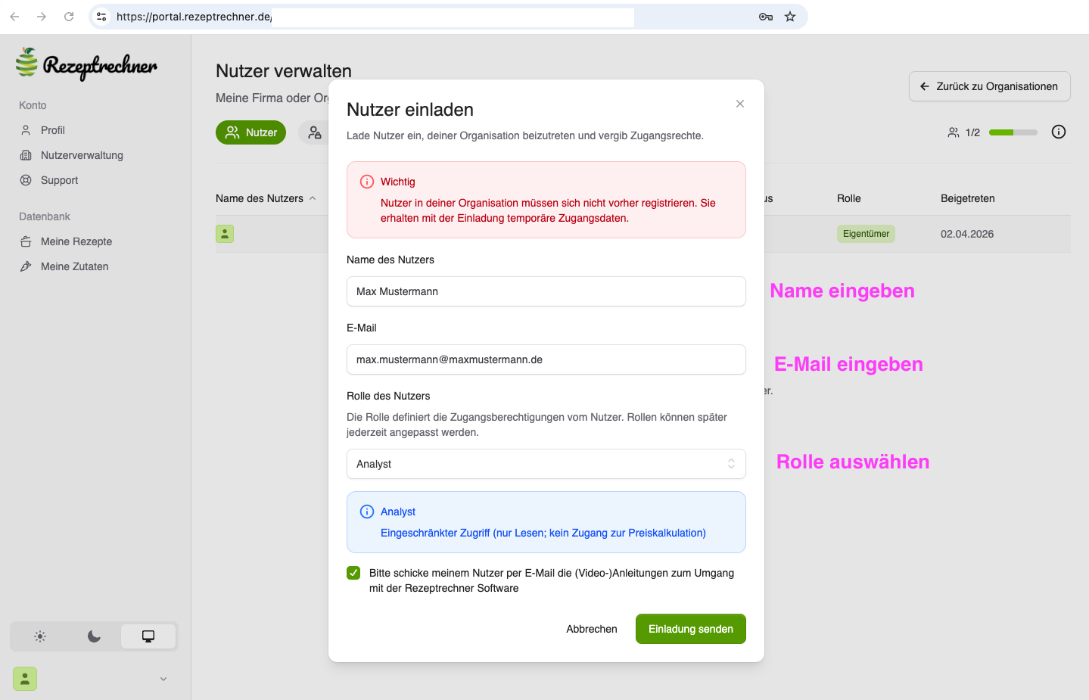 Rolle vergeben im Rezeptrechner Portal