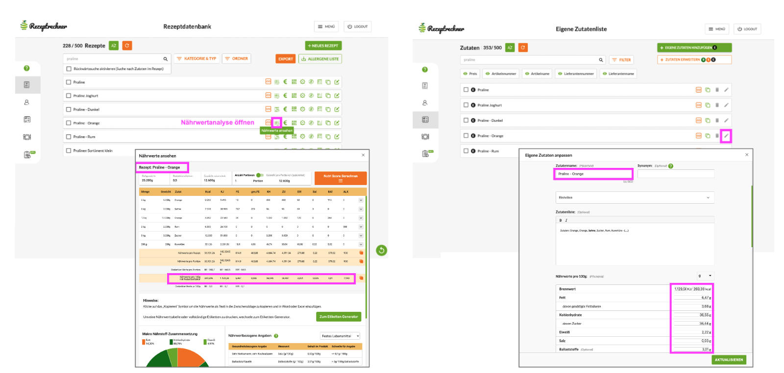 Nährwerte prüfen für Komponenten