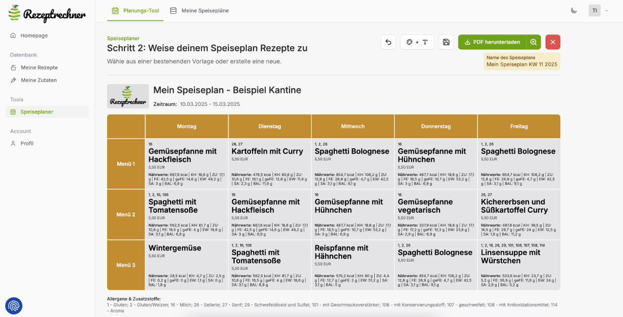 Speiseplan erstellen mit der Rezeptrechner Software