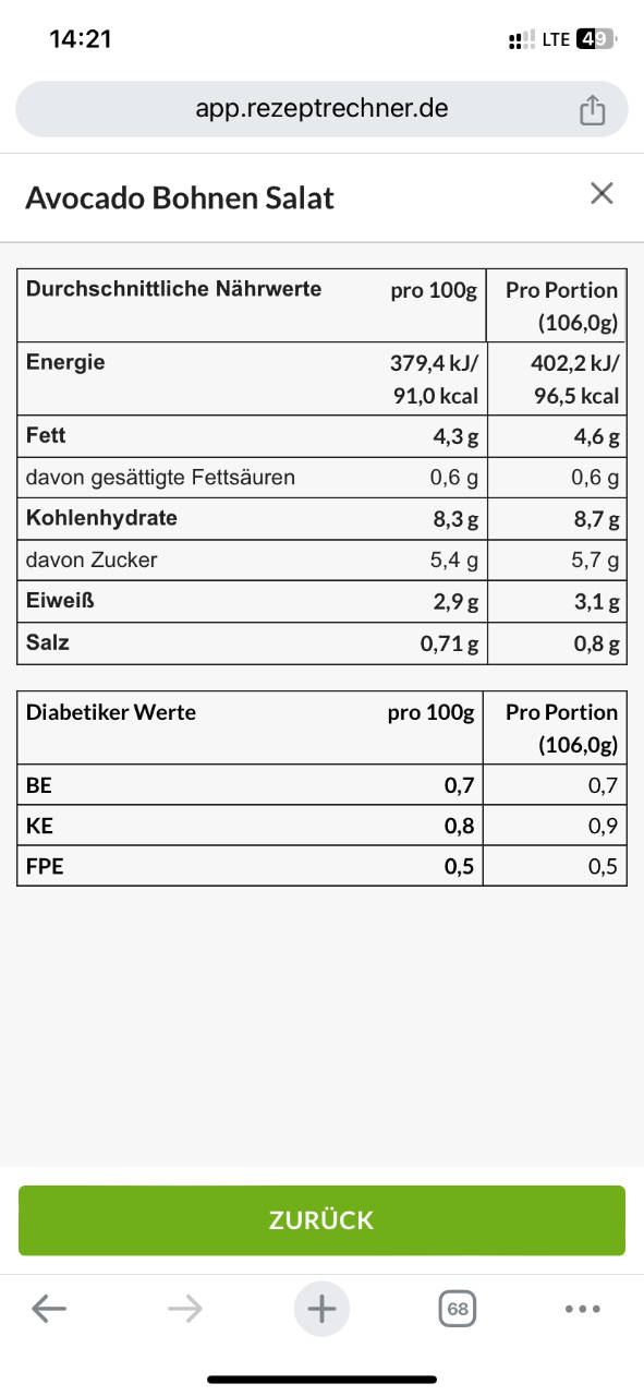 Rezeptrechner mobile App Nährwerte ansehen