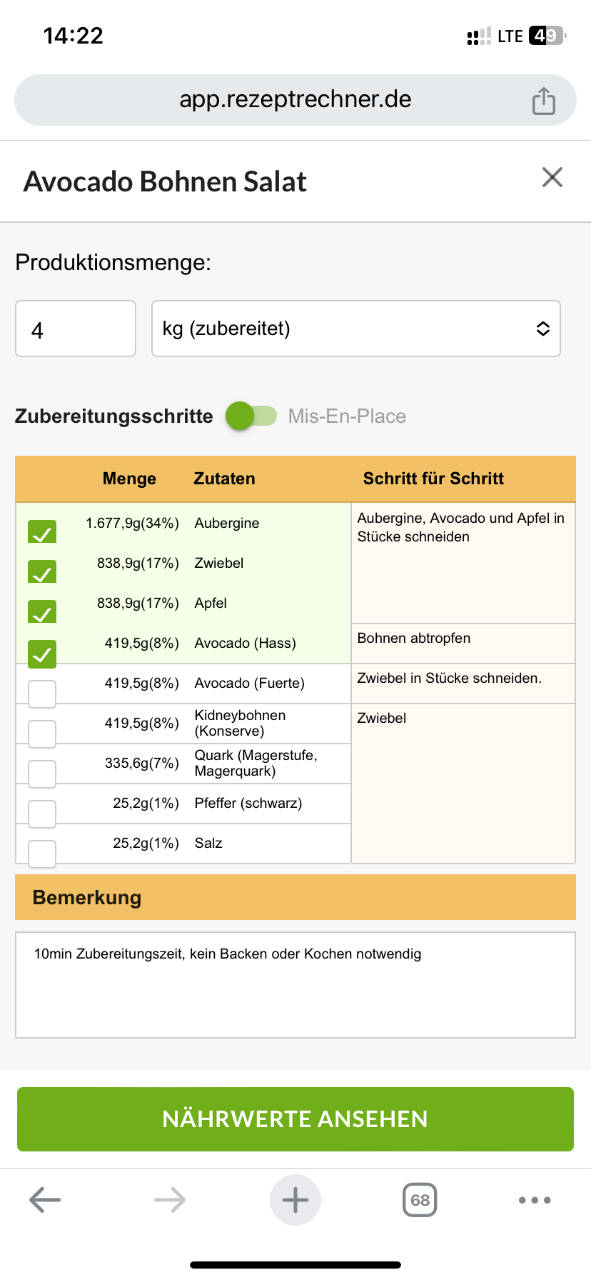 Rezeptrechner mobile App Zubereitungsschritte abhaken